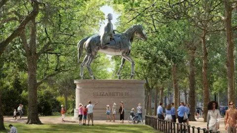 Foster + Partners Winning design for memorial to Queen Elizabeth II. The illustrative figure shows a silver statue of the Queen on horseback, on top of a stone plinth with Elizabeth II inscribed on it, with groups of people standing around nearby