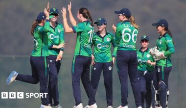 A group of Ireland players celebrate their win over the Netherlands in Nepal