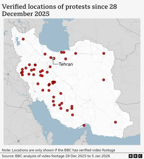 A BBC graphic showing locations of verified protests in Iran. 