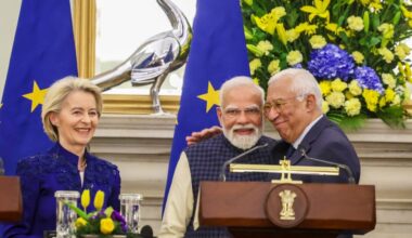 Prime Minister Narendra Modi, President of the European Council António Costa, and President of the European Commission Ursula von der Leyen during the exchange of MoUs between India and the European Union at Hyderabad House, in New Delhi, Tuesday, January 27, 2026. (IANS Photo)