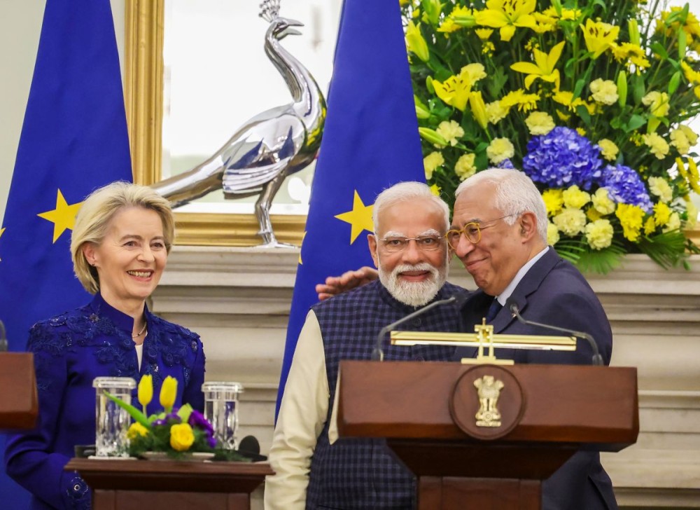 Prime Minister Narendra Modi, President of the European Council António Costa, and President of the European Commission Ursula von der Leyen during the exchange of MoUs between India and the European Union at Hyderabad House, in New Delhi, Tuesday, January 27, 2026. (IANS Photo)