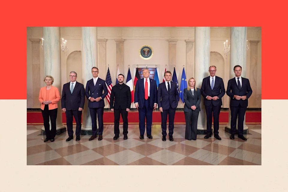 (L - R) Ursula von der Leyen, president of the European Commission, UK Prime Minister Keir Starmer, Finland's President Alexander Stubb, Ukraine's President Volodymyr Zelenskiy, US President Donald Trump, France's President Emmanuel Macron, Italy's Prime Minister Giorgia Meloni, Germany's Chancellor Friedrich Merz, and Nato Secretary General Mark Rutte
