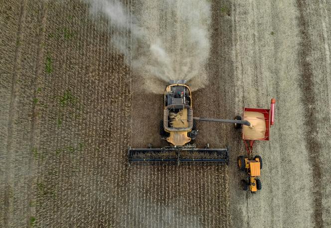 A combine harvester gathers soybeans in Salto do Jacuí, Brazil, on April 5, 2021.