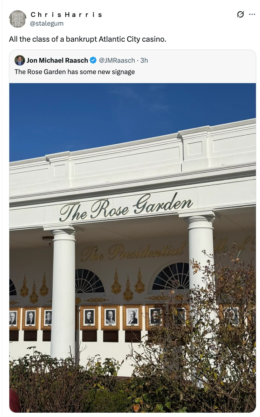 Tweet by Chris Harris mentions a Rose Garden display with framed photos, likened to Atlantic City casino decor