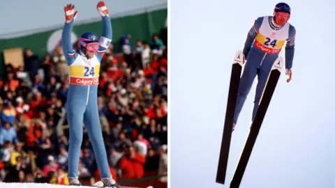PA Media Two photos side-by-side showing ski jumper Eddie the Eagle participating in the Calgary 1988 Winter Olympics. On the left, Eddie is shown standing in his ski suit, with his arms raised in the air. On the right, Eddie is shown from below mid-jump.