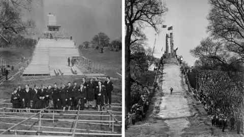 Getty Images Two black-and-white archive pictures side-by-side. The picture on the left shows the ski jump being constructed, with bare scaffolding being covered in planks of wood. A group of people dressed smartly are posing in front of the jump. The picture on the right shows the ski jump on competition day, with a narrow strip of snow and a jumper landing, and crowds surrounding the slope.