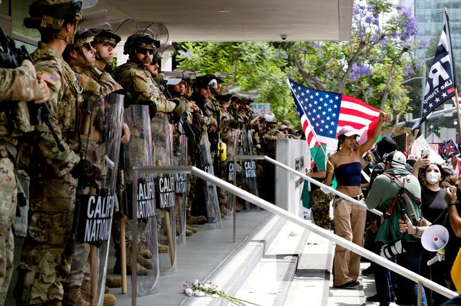Protesters stand off against California National Guard soldiers at the Federal Building in downtown Los Angeles, during a 