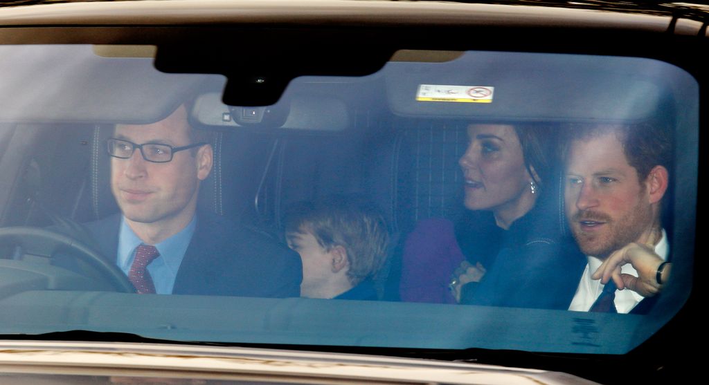 Prince William, Duke of Cambridge, Prince George of Cambridge, Catherine, Duchess of Cambridge and Prince Harry attend a Christmas lunch for members of the Royal Family hosted by Queen Elizabeth II at Buckingham Palace on December 20, 2016 in London, England. 