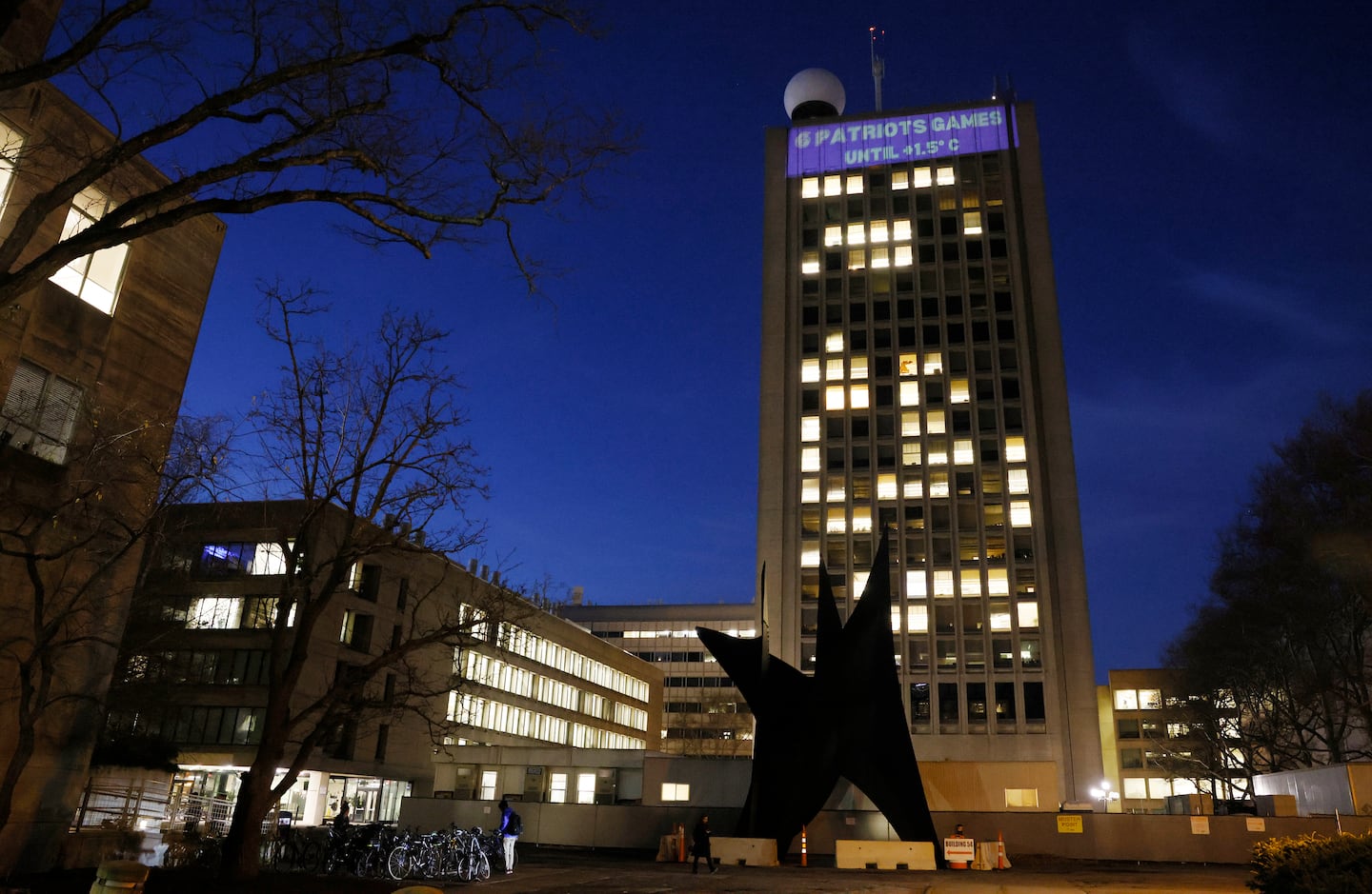 MIT students projected a climate clock onto the university's Green Building, the tallest in Cambridge, in 2023. The clock counted down to the projected time that the planet would reach 1.5 degrees Celsius of warming.