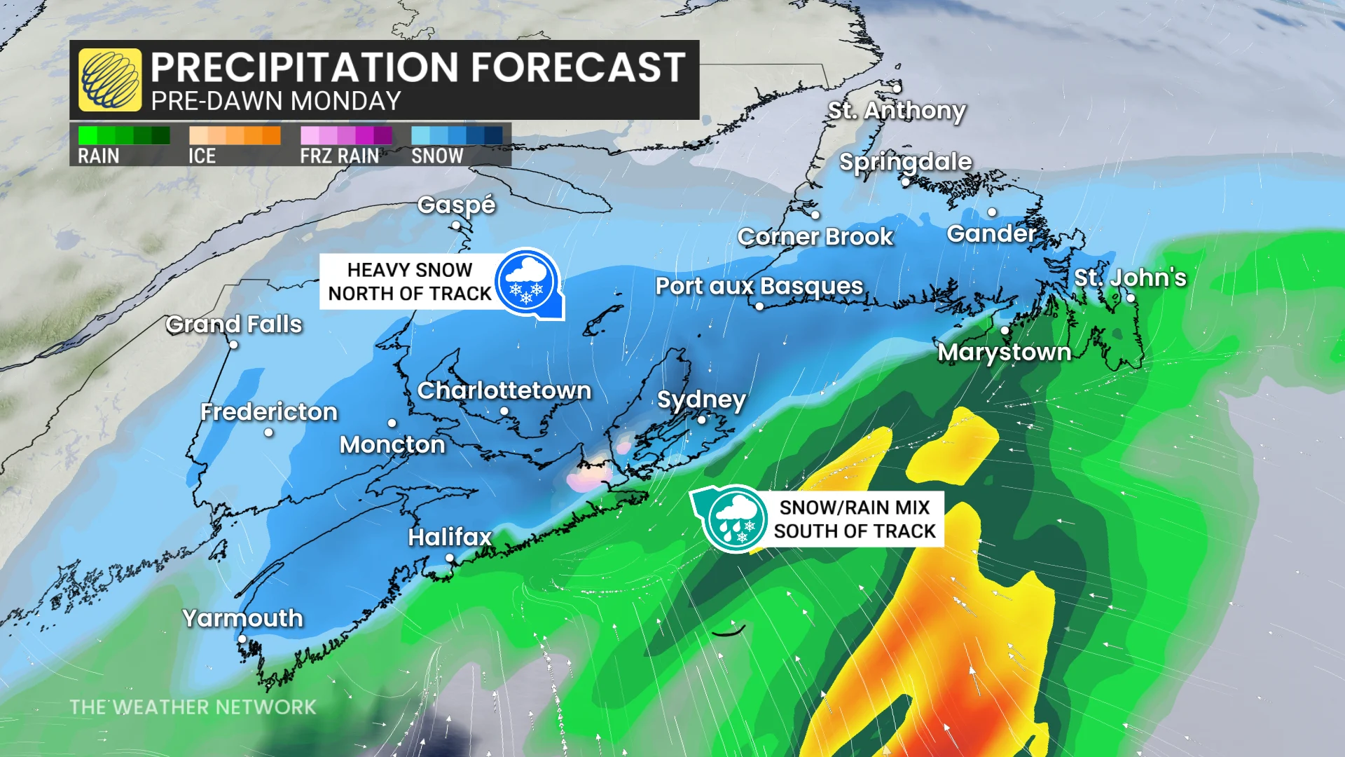 Atlantic Canada precipitation pre-dawn Monday