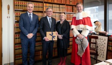 Hong Kong Chief Justice Andrew Cheung (second from left) meeting with the Acting Chief Justice and the President of the Court of Appeal of the Supreme Court of New South Wales, Justice Julie Ward (second from right), during his visit to the court in Sydney on March 24, 2025. Source: The Government of the Hong Kong Special Administrative Region.
