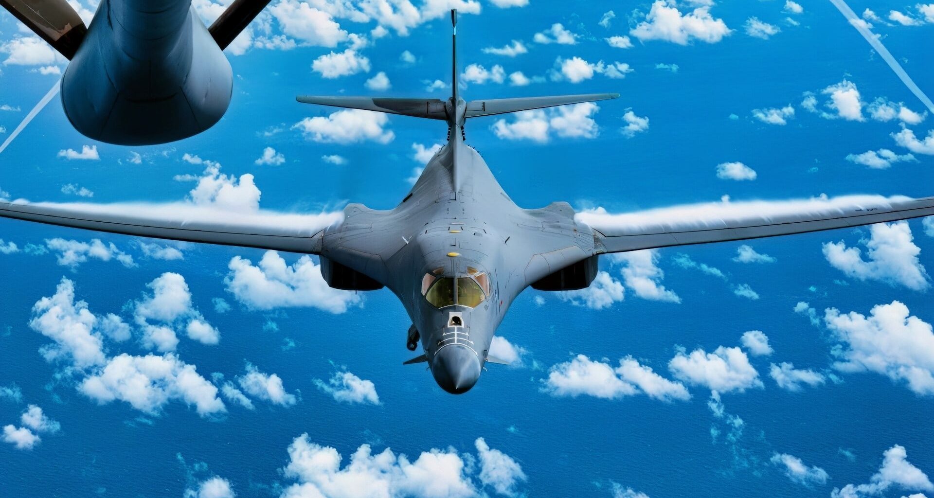 A U.S. Air Force B-1B Lancer prepares to refuel behind a KC-135 Stratotanker during a bomber air demonstration over the U.S. Southern Command area of responsibility Oct. 23, 2025.