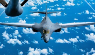 A U.S. Air Force B-1B Lancer prepares to refuel behind a KC-135 Stratotanker during a bomber air demonstration over the U.S. Southern Command area of responsibility Oct. 23, 2025.