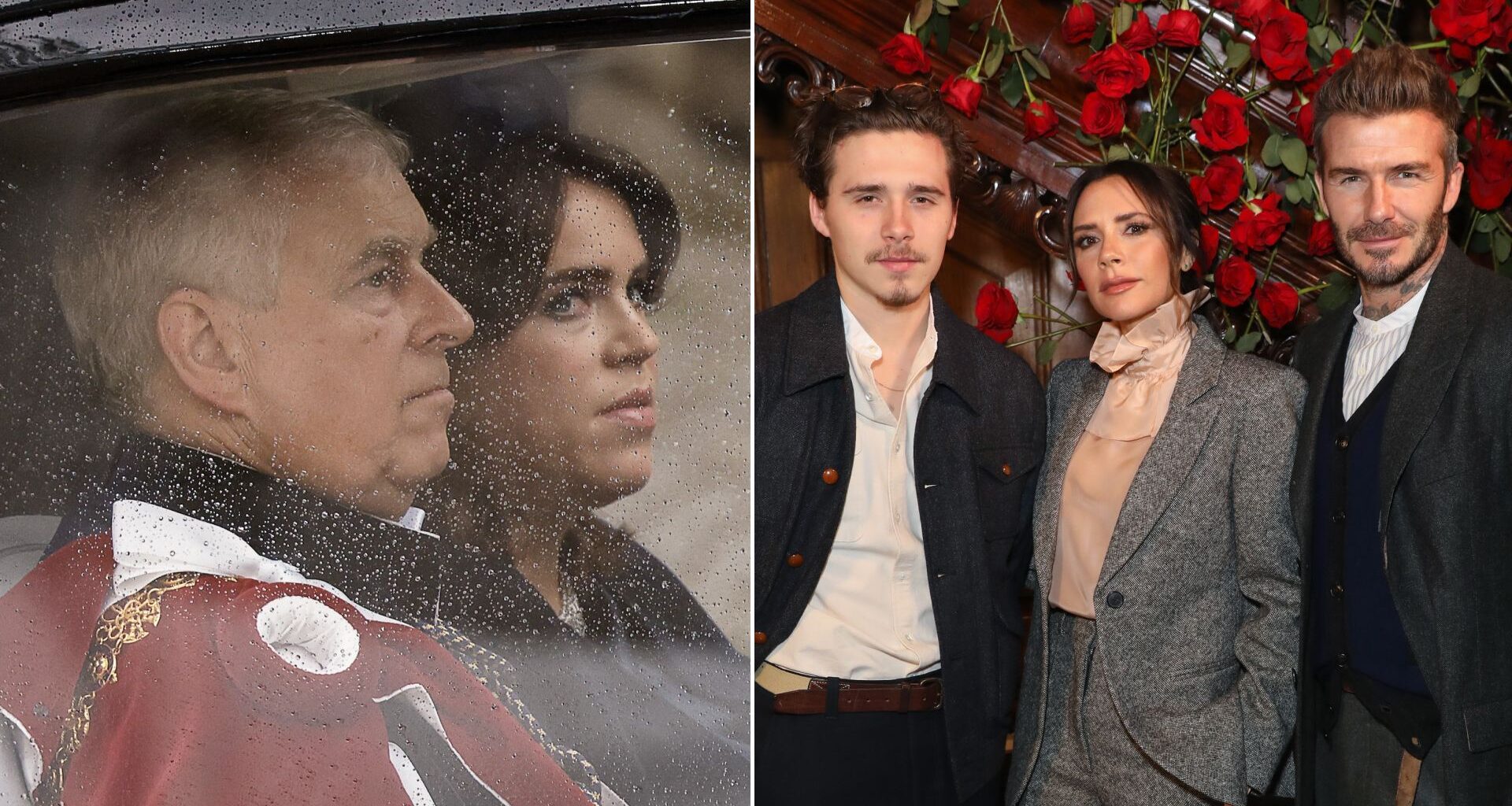 Ex-Prince Andrew and Princess Eugenie ride in a car in the rain and Brooklyn Beckham stands with parents Victoria and David before their feud