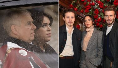 Ex-Prince Andrew and Princess Eugenie ride in a car in the rain and Brooklyn Beckham stands with parents Victoria and David before their feud