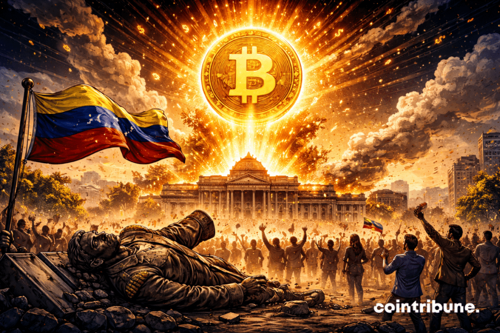 A shattered political statue (symbolizing Maduro) lies on the ground, while a gigantic Bitcoin coin rises in the sky.