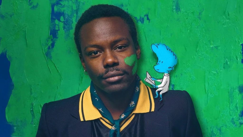 Blue Austroschwarz Poster: Portrait of a Black man with green paint on his face and a blue cartoon character on his shoulder.