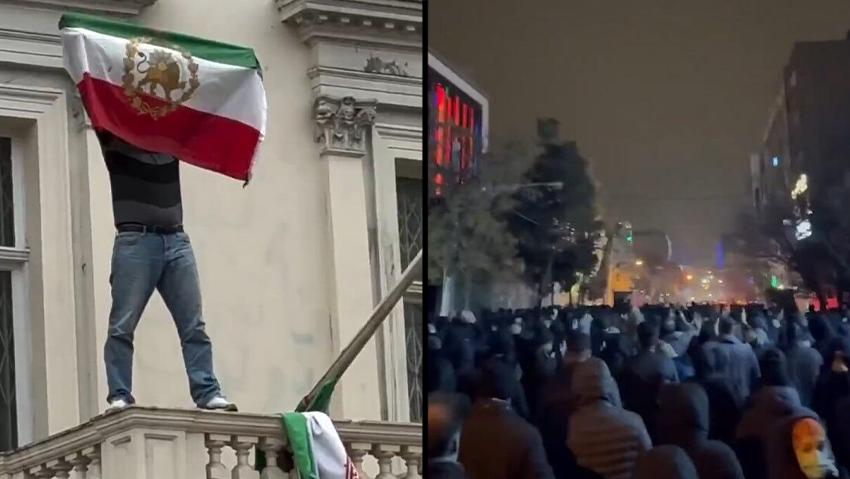 לונדון: מפגין טיפס על שגרירות איראן, הסיר את דגלה - והניף את דגל השאה