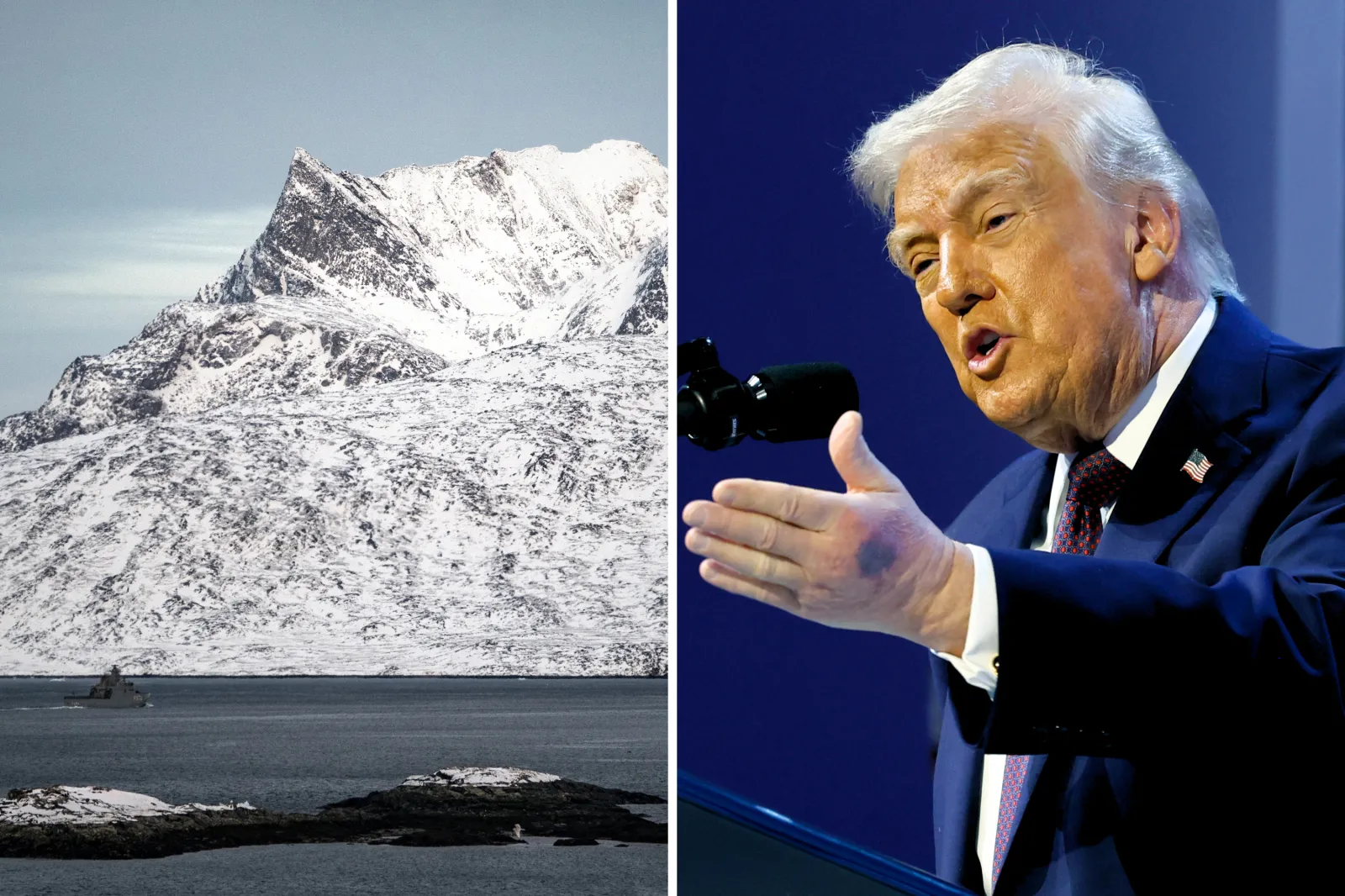 A military ship passes Sermitsiaq Mountain as it crosses the Fjords of the capital Nuuk, Greenland on Thursday January 22, 2026 and Donald Trump speaks after holding a signing ceremony for the “Board of Peace” at the World Economic Forum (WEF) on January 22, 2026 in Davos, Switzerland