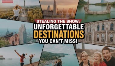 Create a composite of multiple dynamic travel scenes featuring iconic landmarks and activities from the united states, uk, austria, czech republic, netherlands, germany, hungary, and slovakia. Incorporate lively images of tourists enjoying nature, culture, and adventure, blended together with seamless transitions between each scene. Add an impactful overlay with bold text stealing the show unforgettable destinations you can't miss! The thumbnail should feel vibrant, energetic, and full of excitement, with bright colors that capture the essence of travel and exploration across europe and the united states.