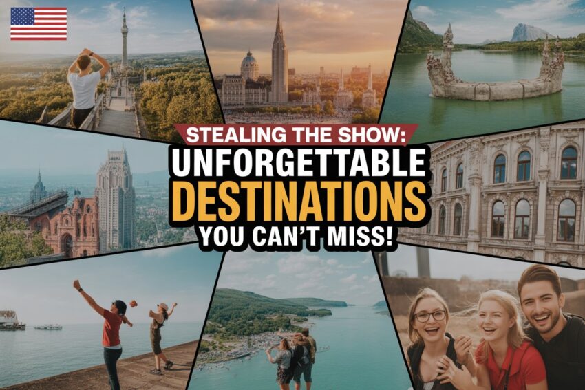 Create a composite of multiple dynamic travel scenes featuring iconic landmarks and activities from the united states, uk, austria, czech republic, netherlands, germany, hungary, and slovakia. Incorporate lively images of tourists enjoying nature, culture, and adventure, blended together with seamless transitions between each scene. Add an impactful overlay with bold text stealing the show unforgettable destinations you can't miss! The thumbnail should feel vibrant, energetic, and full of excitement, with bright colors that capture the essence of travel and exploration across europe and the united states.