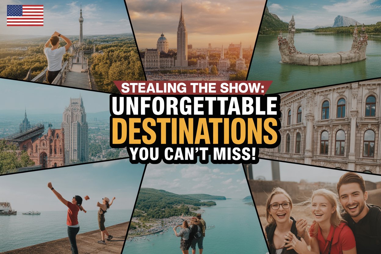 Create a composite of multiple dynamic travel scenes featuring iconic landmarks and activities from the united states, uk, austria, czech republic, netherlands, germany, hungary, and slovakia. Incorporate lively images of tourists enjoying nature, culture, and adventure, blended together with seamless transitions between each scene. Add an impactful overlay with bold text stealing the show unforgettable destinations you can't miss! The thumbnail should feel vibrant, energetic, and full of excitement, with bright colors that capture the essence of travel and exploration across europe and the united states.