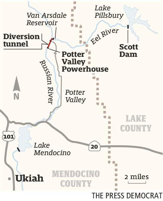 This map shows the location of Scott Dam, impounding Lake Pillsbury, and Cape Horn Dam, creating Van Arsdale Reservoir, on the Eel River, the Potter Valley power plant, and the diversion tunnel that feeds the powerhouse and supplements flows in the East Fork of the Russian River. (The Press Democrat)