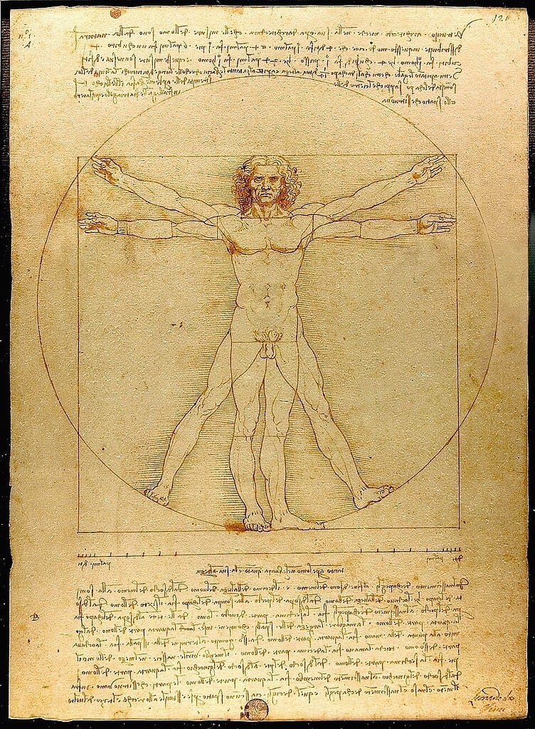 Human anatomy sketch by Leonardo da Vinci, Vitruvian Man drawing, detailed illustration of human proportions, scientific study of anatomy and symmetry.