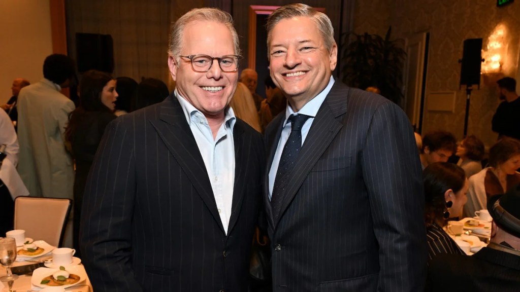 David Zaslav, CEO, Warner Bros. Discovery and Ted Sarandos, CEO, Netflix attend the AFI Awards on Feb. 6, 2025 in Los Angeles. (Credit: Michael Kovac/Getty Images)