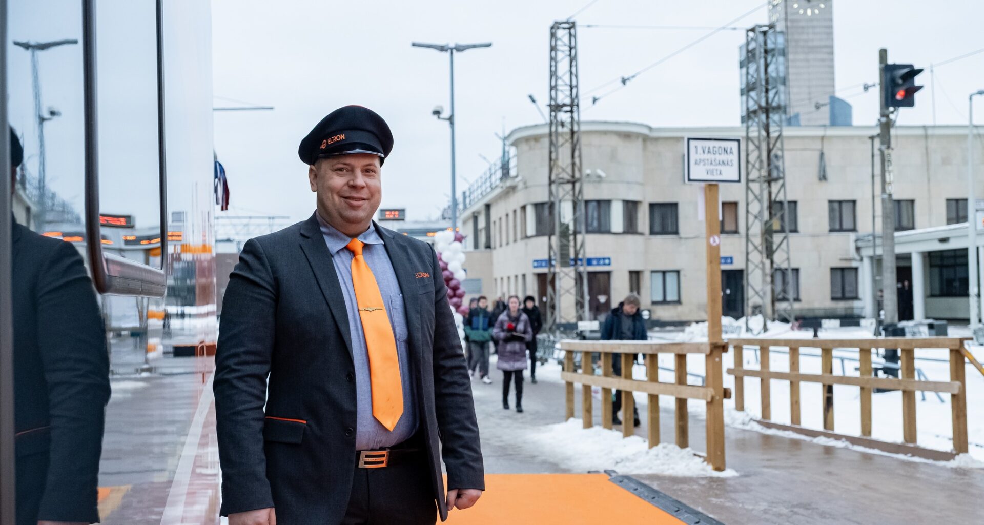 Elron train staff at Riga station at the inauguration of the new Tartu-Riga line on January 5.