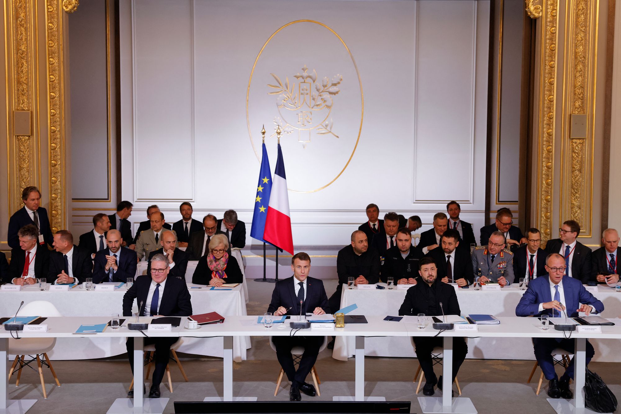 Keir Starmer, French President Emmanuel Macron, Ukrainian President Volodymyr Zelensky and German Chancellor Friedrich Merz take part in the Coalition of the Willing meeting in Paris, at the Elysee Palace on January 6, 2026.