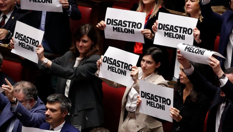 A protest by some Italian parliamentarians during a vote on a contentious budget law last month. Photograph: Massimo Di Vita/Archivio Massimo Di Vita/Mondadori Portfolio via Getty Images