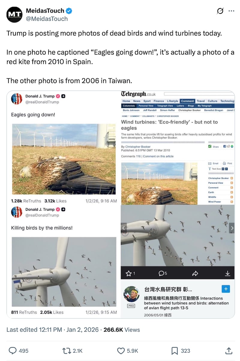 Trump continued his long-running feud with windmills on Friday, though again misidentifying the bird he says he cares about.