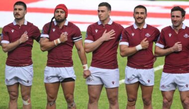 Georgian players stand for the anthem during the 2025 Rugby Europe Championship final
