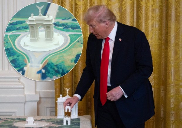 At the White House on Wednesday, President Trump unveils proposals for a new arch (inset) to be built across the Potomac River from the Lincoln Memorial.