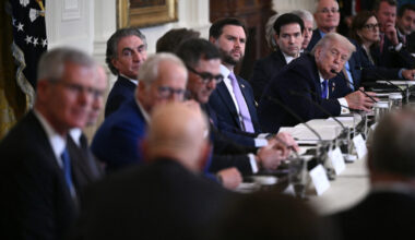President Donald Trump, flanked by Secretary of State Marco Rubio and Vice President JD Vance, meets with U.S. oil company executives in the at the White House on Friday. Credit: Brendan Smialowski/AFP via Getty Images