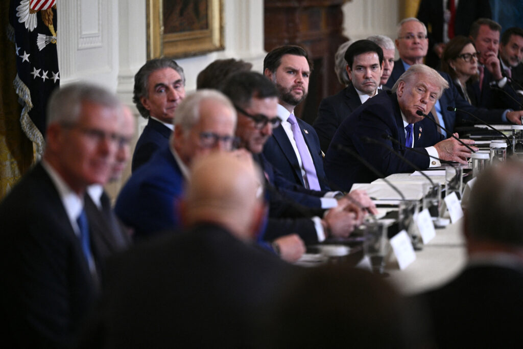 President Donald Trump, flanked by Secretary of State Marco Rubio and Vice President JD Vance, meets with U.S. oil company executives in the at the White House on Friday. Credit: Brendan Smialowski/AFP via Getty Images