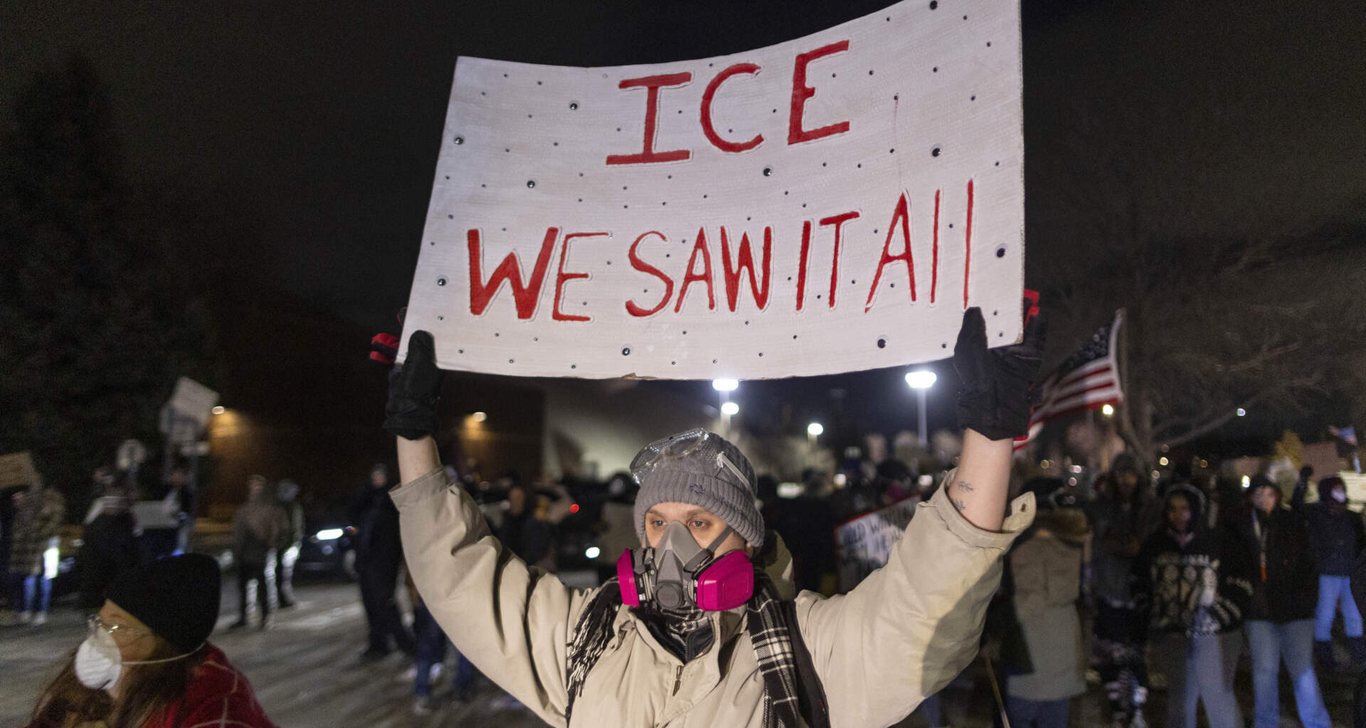 People take part in an anti-ICE protest outside Bishop Henry Whipple Federal Building in Minneapolis. (Mostafa Bassim/Anadolu via Getty Images)
