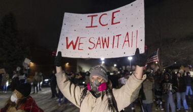 People take part in an anti-ICE protest outside Bishop Henry Whipple Federal Building in Minneapolis. (Mostafa Bassim/Anadolu via Getty Images)