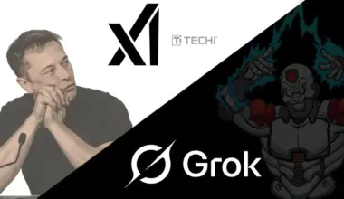 Elon Musk beside xAI logo opposite glowing Grok cyborg under TECHi branding in split digital background.