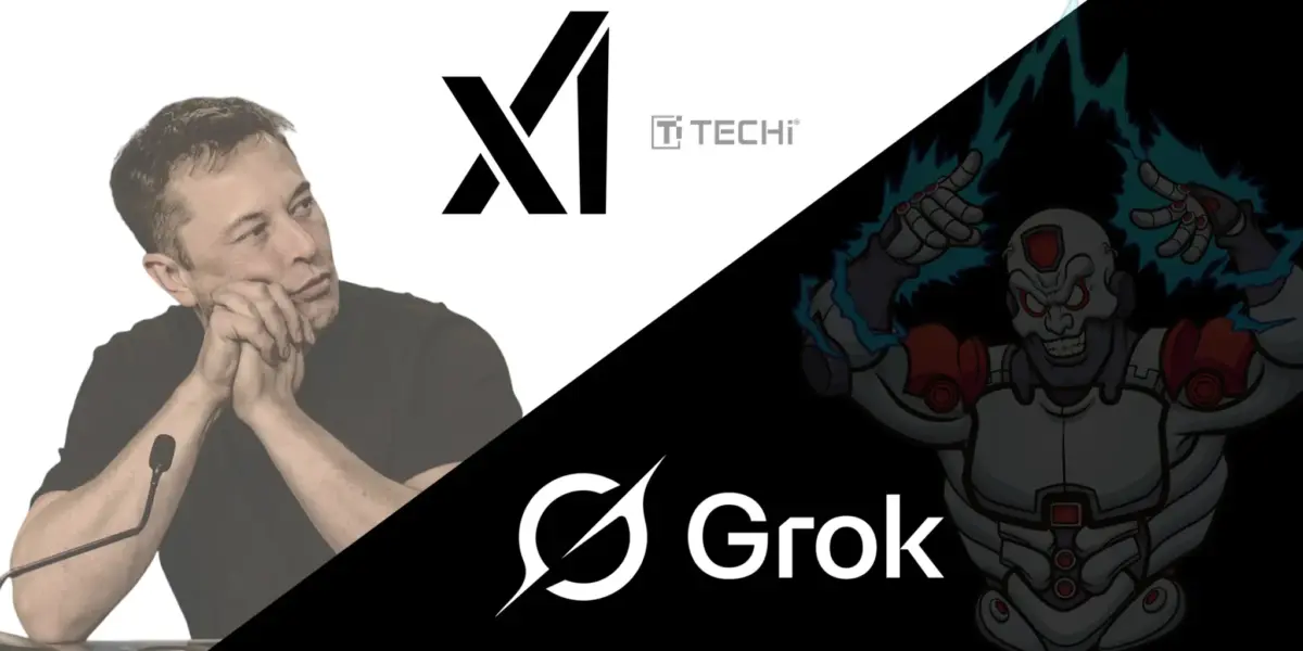 Elon Musk beside xAI logo opposite glowing Grok cyborg under TECHi branding in split digital background.