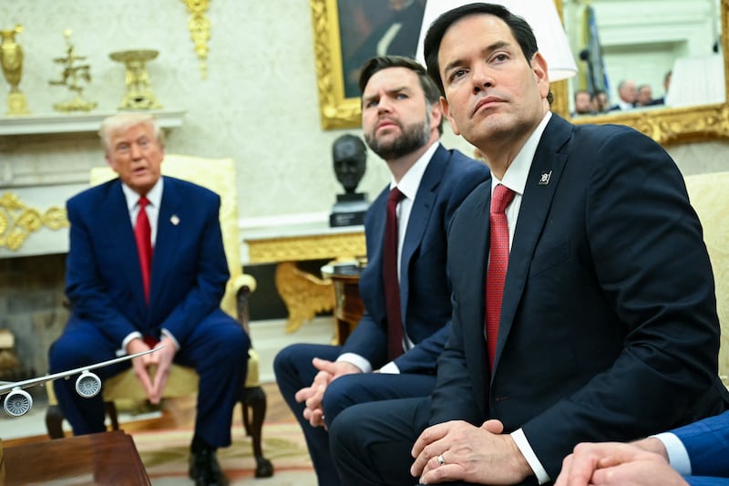 (L-R) US President Donald Trump, Vice President JD Vance and Secretary of State Marco Rubio (R) look on during a meeting with Israeli Prime Minister Benjamin Netanyahu in the Oval Office of the White House in Washington, DC, on April 7, 2025. Israeli Prime Minister Benjamin Netanyahu was in Washington on Monday to meet Donald Trump, whom he will likely ask for a reprieve from US tariffs while seeking further backing on Iran and Gaza. (Photo by SAUL LOEB / AFP) (Photo by SAUL LOEB/AFP via Getty Images)
