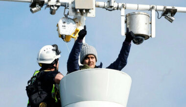 For 33 hours, Elissa Phillips and Anahita Sahar Babaei locked themselves into the crow’s nests of a whaling ship, as dozens of supporters gathered to protest whaling in Iceland on Sept. 4, 2023. Credit: Hard to Port