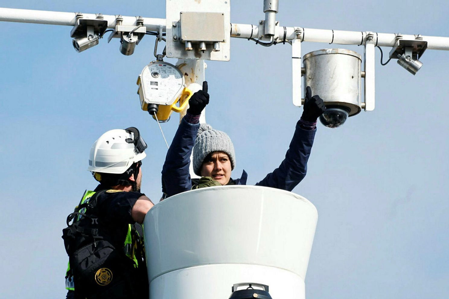For 33 hours, Elissa Phillips and Anahita Sahar Babaei locked themselves into the crow’s nests of a whaling ship, as dozens of supporters gathered to protest whaling in Iceland on Sept. 4, 2023. Credit: Hard to Port