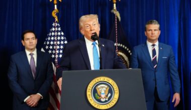 President Trump was flanked by Secretary of State Marco Rubio left, and Defense Secretary Pete Hegseth as he spoke at Mar-a-Lago, his private club and residence in Palm Beach, Fla., on Saturday.