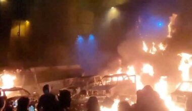 Protesters gather as vehicles burn, amid evolving anti-government unrest, in Tehran, Iran, in this screen grab obtained from a social media video released on January 9, 2026.