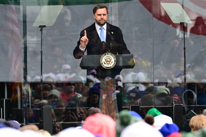 WASHINGTON, DC - JANUARY 23: US Vice President JD Vance speaks to a crowd during the 53rd annual March for Life rally on the National Mall in Washington, DC, on January 23, 2026. (Photo by Kyle Mazza/Anadolu via Getty Images)