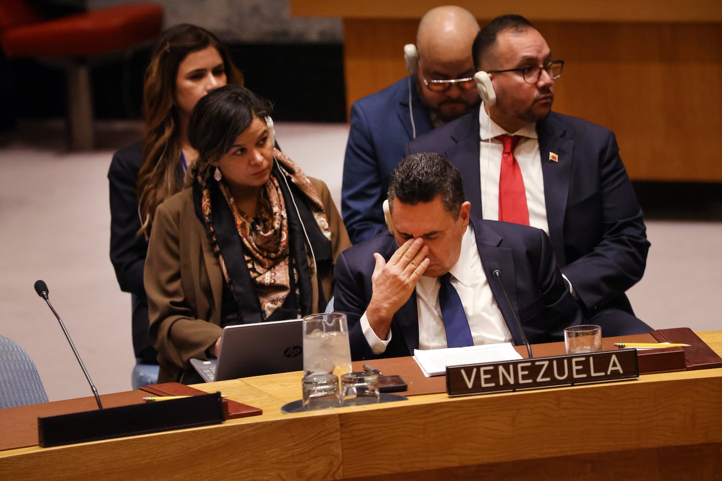 Samuel Reinaldo Moncada Acosta, the Permanent Representative of Venezuela to the United Nations, reacts during an emergency United Nations Security Council meeting regarding the situation in Venezuela on December 23, 2025 at UN headquarters in New York City.