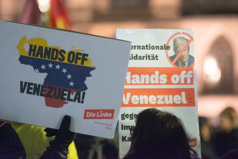 More than two hundred people take part in the ''Hands off Venezuela'' protest against American military action to oust Venezuelan President Nicolas Maduro in Cologne, Germany, on January 8, 2026.