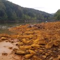Orange sediment covers rocks along a river.